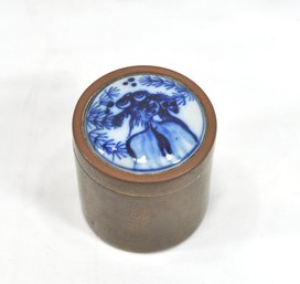 Vintage Asian Blue White Porcelain Fish Top Brass Container Round Trinket Box