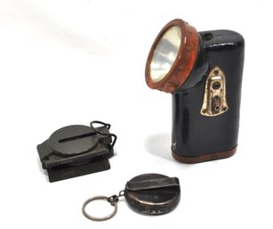 Vintage Bakelite Flashlight, Compass And Retractable Key Reel