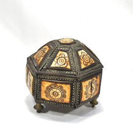 Vintage Oriental Brass And Carved Bone Trinket Box