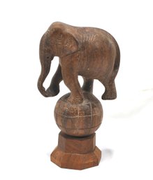 Vintage Hand Carved Wood Elephant On The Globe