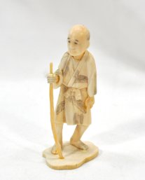 Antique Japanese Okimono Hand Carved Man With Stick