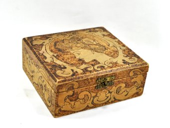 Antique Art Nouveau Pyrography Box Woman Carved Vanity Handkerchief Box With Padded Silk Lining