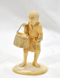 Antique Japanese Okimono Hand Carved Man With Bucket