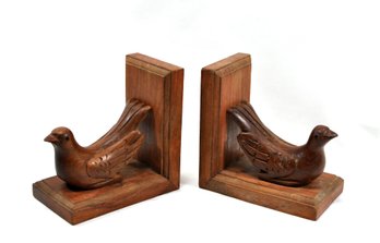 Vintage Red Wood Bird Bookends With Glass Eyes