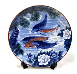 Vintage Asian Koi Fish Plate Charger With Lotus Flower