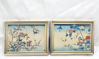Pair Antique Asian Woodblock Flower & Birds Prints
