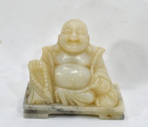 Vintage Soapstone Laughing Buddha Sitting On Marble Base