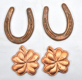 Pair Of Solid Copper Horseshoe And Shamrock