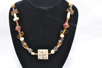 Vintage Hand Carved Bone, Amber And Wood Necklace