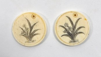 Pair Antique Scrimshaw Pendants With Flower & Dragonfly
