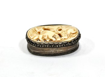 Antique Miniature Asian Carved Silver Box Elephant & Lion Fight