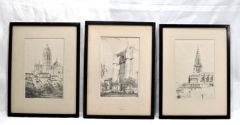 Kenneth John Conant (1894 -1984) American - Set Of 3 Architectural Etchings