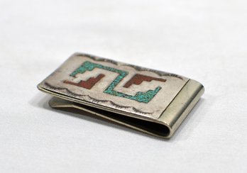 Vintage  Navajo Signed H.B. Sterling Silver Money Clip Inlayed Turquoise / Coral