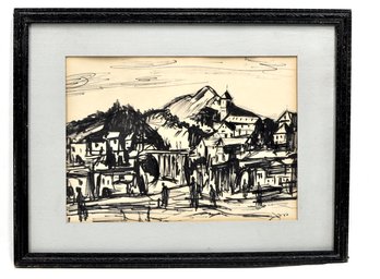 Vintage Expressionist Ink Painting View Of Florence- Signed