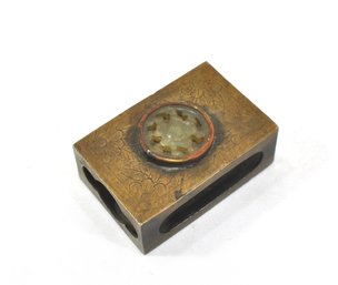 Vintage Asian Hand Carved Jade & Brass Matchbox Holder With Etched Figure