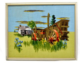 Vintage Embroidery Wagon Wheels Farmhouse Landscape