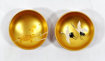 Pair Vintage Japanese Lacquered Mini Sake Bowl Turtle & Cranes