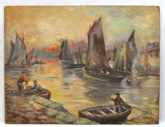 Vintage ROLFE 1954 Sailboats At Sunset Oil Painting