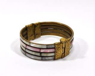 Vintage Multicolored Layered Shell And Brass Bangle Bracelet