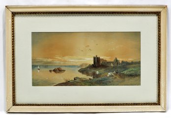 Antique 19th Century Lake And Castle Ruins Watercolor