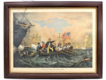 19th Century Chromolithograph ' The Battle Of Lake Erie' Walnut Frame