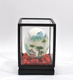 Vintage Asian Hand Painted  Landscape Egg With Display Case