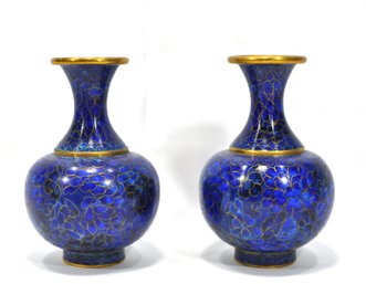 Pair Vintage Chinese Floral Blue Cloisonne Enamel Vases