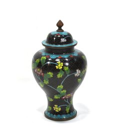 Vintage Floral Black Chinese Cloisonn Enamel Jar With Lid