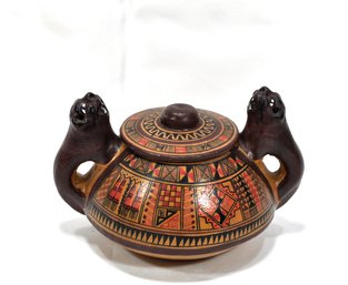 Vintage Inca Jaguar Handled Vase With Lid