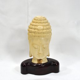 Antique Asian Signed Carved Buddha Head Sculpture On Wooden Stand