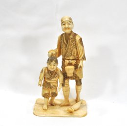 Antique Hand Carved Japanese Figure Okimono Man And A Child- Signed