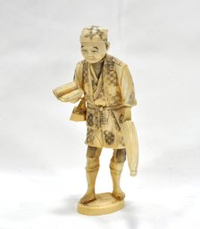 Antique Hand Carved Japanese Figure Okimono Man With Book- Signed