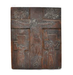 Antique Hand Carved Crucifix Wood Panel
