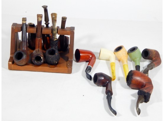 Lot Of 13 Vintage Pipes W/ Rack