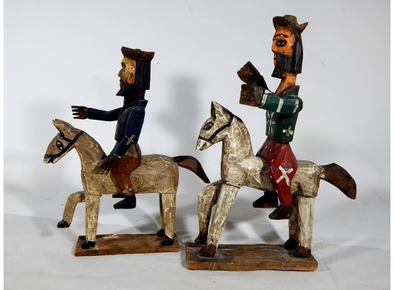 Pair Vintage Folk Art HORSEMAN  Wood Carving Figures