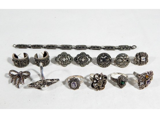Large Vintage Sterling Silver  MARCASITE Jewelry Lot Bracelet Rings Earrings Pendant