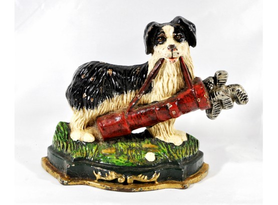 Vintage Cast Iron Doorstop DOG With Golf Clubs