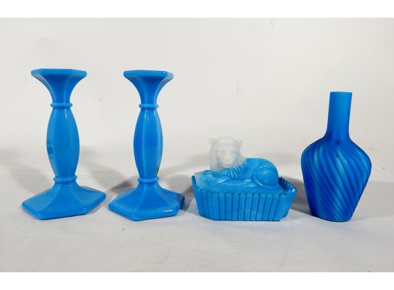 Vintage Blue Glass Lot:  Candle Sticks Lion Trinket Vase