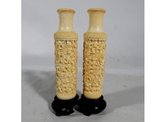 Pair Vintage Oriental Carved Bone Vases