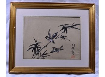 Vintage Chinese Painting Of Sparrows Signed