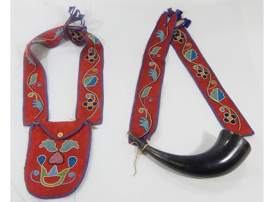Native American Needlework Pouch And Powder Horn