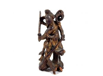 Antique Chinese Two Sword Warrior Wood Carved Figurine