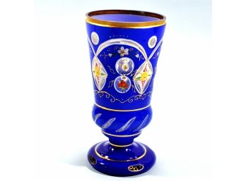 Antique Bohemian Blue Medallion Cut Glass & Gilt Goblet Vase