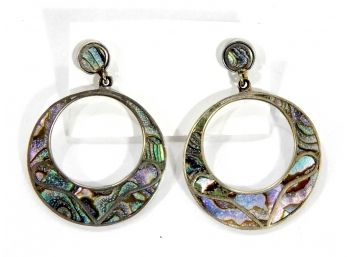 Vintage Dangling Hoop Earrings Taxco Mexico Sterling & Abalone Shell