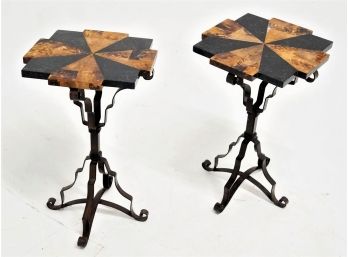Pair Of Iron &  Faux Marble Top Side Tables