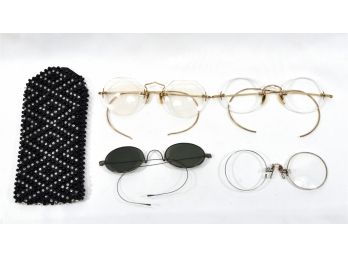 Group Of Antique Eyeglasses & St. Thomas Beaded Case