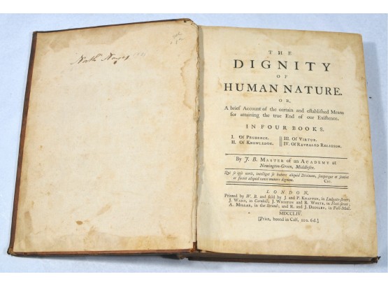 Antique 1754 Leather Book 'Dignity Of Human Nature'