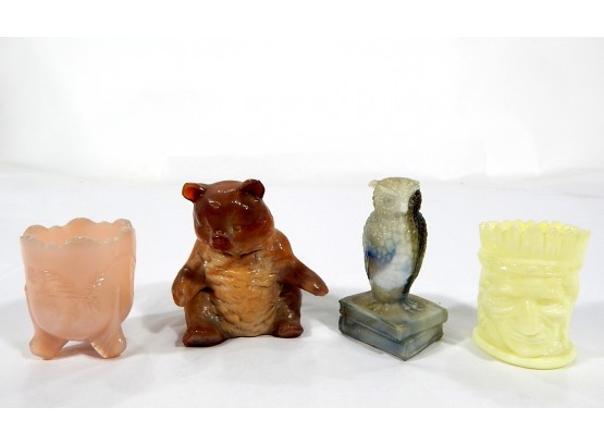 Lot 4 Vintage Custard Glass Figures Toothpick Holders Owl Bear Indian
