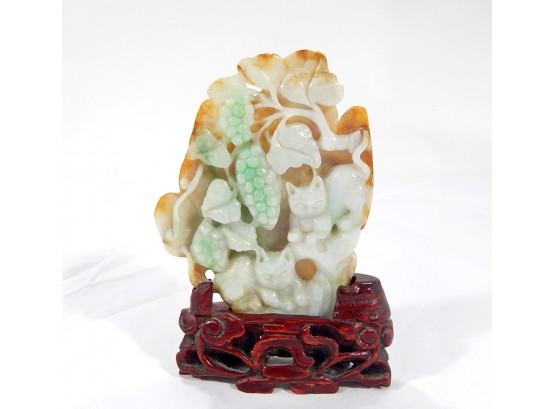Vintage Chinese Carved Jade Plaque On Stand Playing Cats