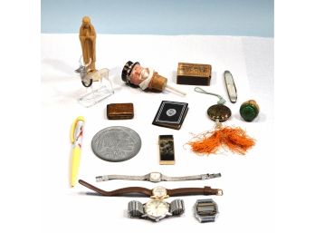 Vintage Estate Lot Miscellaneous Things: Miniature Book, Knife, Figurines, Watches, Nude Pen Etc